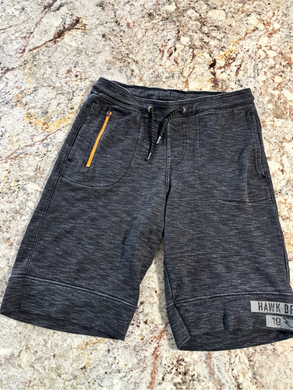 Tony Hawk Charcoal Gray Knit Drawstring Shorts with Yellow Zip Accent